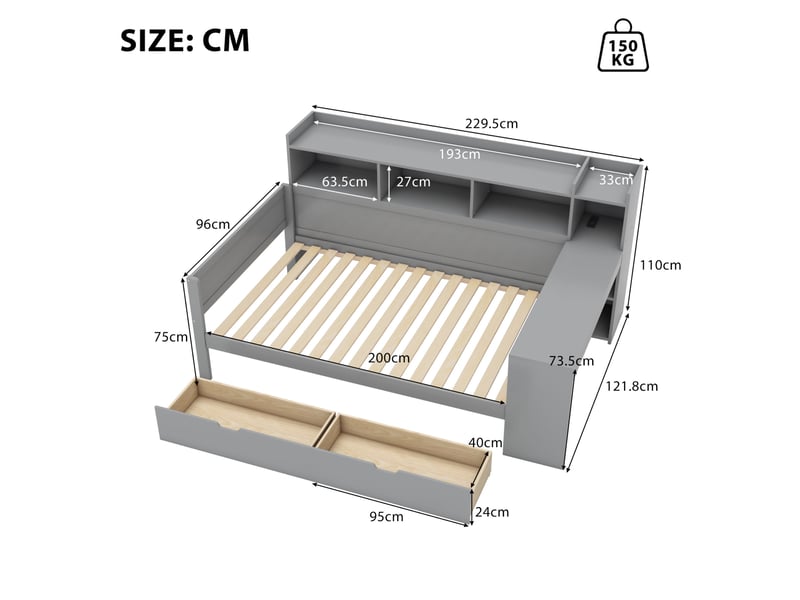  Modenvie lit banquette 90x200 cm - avec bureau, prise et port usb, sans matelas - gris  - Conforama C