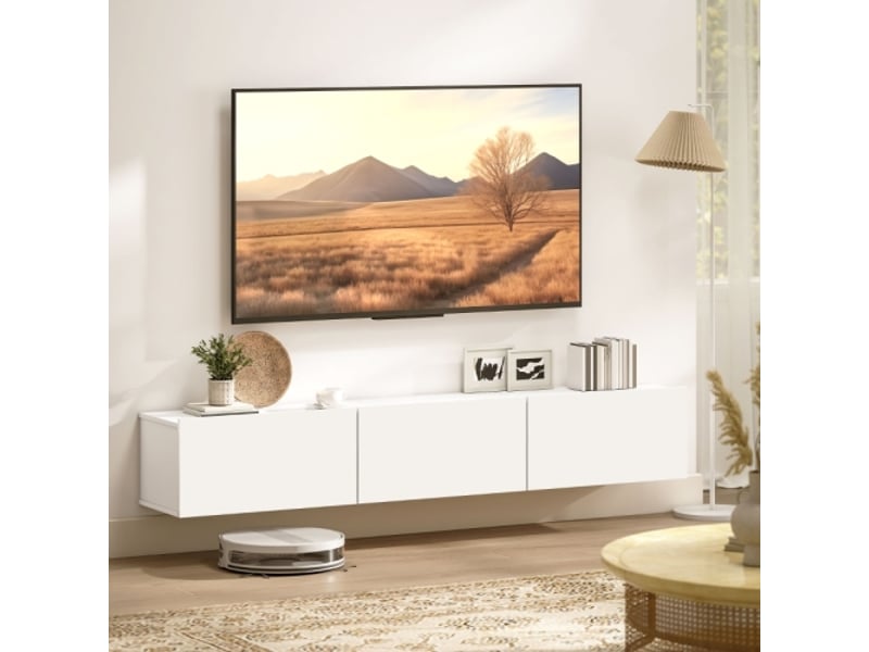  Meuble tv flottant blanc mural 180 cm - 3 tiroirs, grand rangement, panneau de particules  - Conforama B