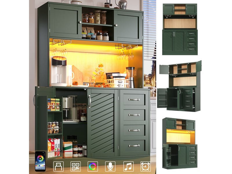 Buffet cuisine 120x40x190, 4 portes 2 tiroirs buffet, led intégrées, porte-gobelets, étagère snacks, vert noir blanc - Conforama E