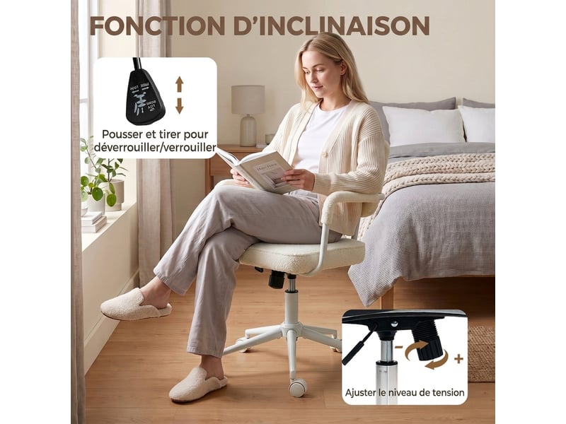  Chaise bureau ergonomique, fauteuil de bureau en tissu bouclette avec hauteur réglable, fonction bascule, crème  - Conforama R