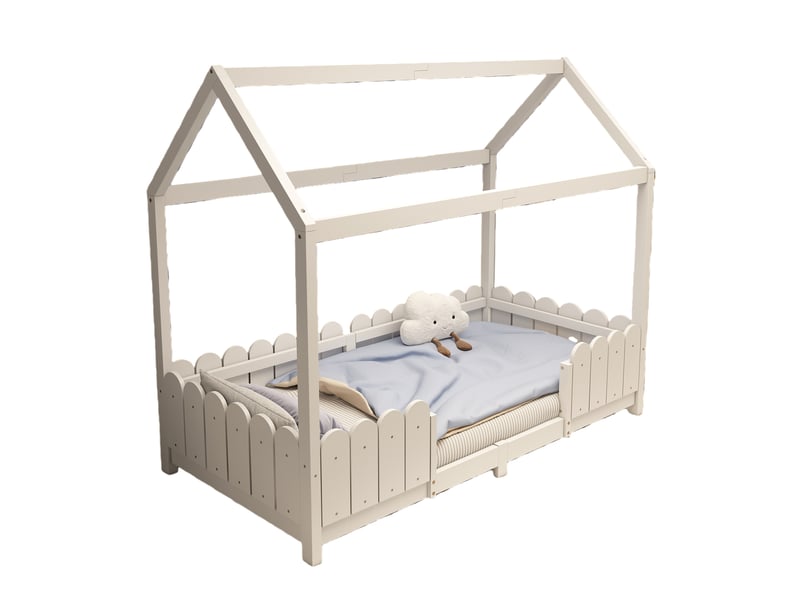  Lit enfant 90x200 cm - lit cabane sécurisé avec clôtures et sommier, sans matelas, blanc  - Conforama A