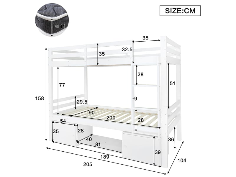  Lit superposé enfant blanc 90 x 200 cm avec étagères à chaussures et rangements fermés  - Conforama E