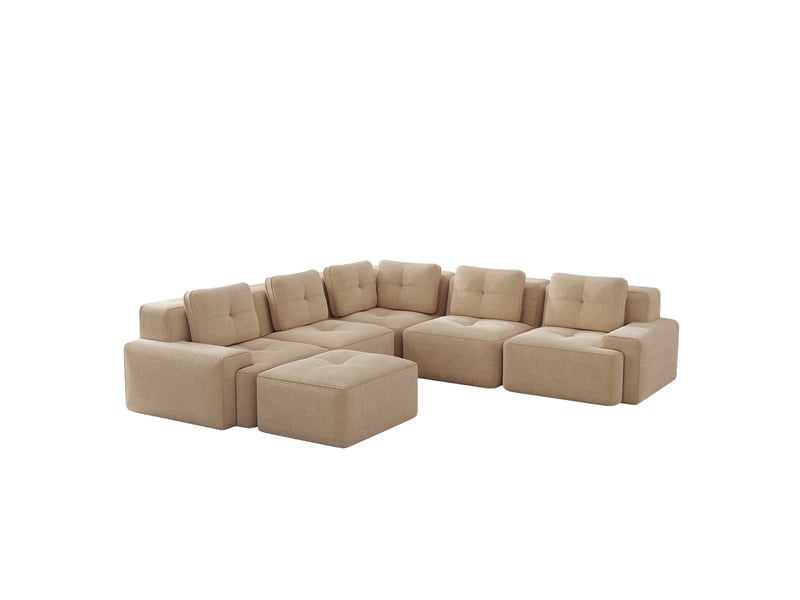 Canapé d'angle modulable modenvie 5 places avec pouf, velours côtelé beige, assise profonde 74 cm, 295 x 295 x 69 cm, sans montage  - Conforama A