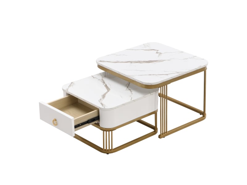  Table basse empilable effet marbre brillant doré - table d'appoint à tiroirs (lot de 2)  - Conforama A