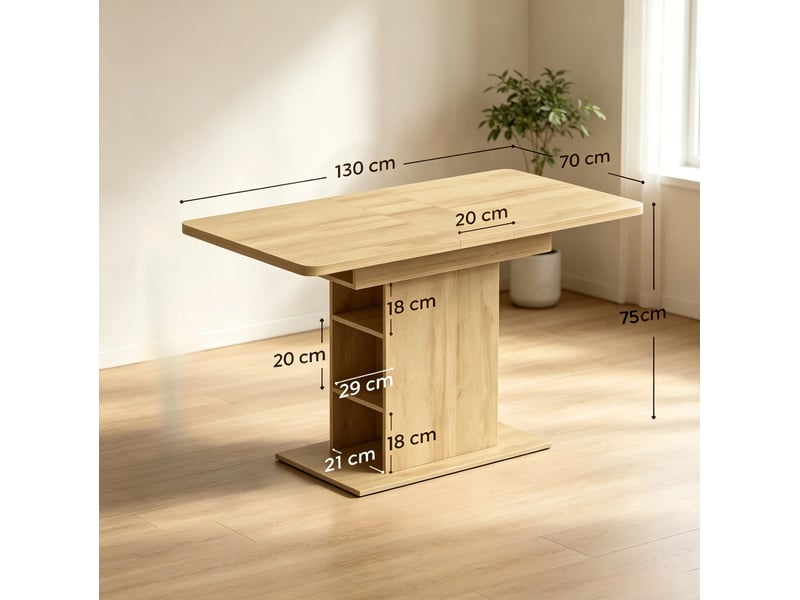  Table de salle à manger extensible 4 à 6 personnes avec 6 étagères ouvertes et rangement central en mdf naturel  - Conforama C