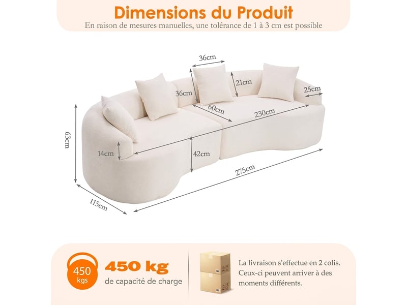  Canapé modulable incurvé 4 places tissu chenille - design moderne blanc gris  - Conforama C