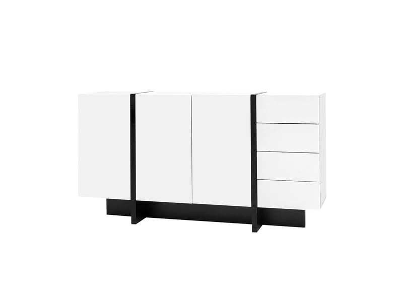  Buffet blanc laqué brillant, style moderne, 2 portes et 4 tiroirs, facile à nettoyer  - Conforama D