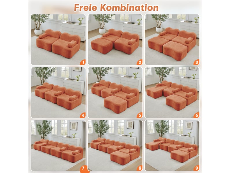 Canapé modulaire 4 places en velours orange, forme ondulée, assise profonde et confort pour votre salon - Conforama D