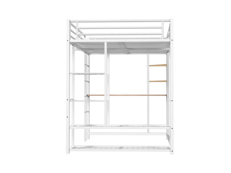  Lit mezzanine enfant 140x200 cm, table, étagère, garde-corps, sommier, métal blanc, sans matelas  - Conforama D