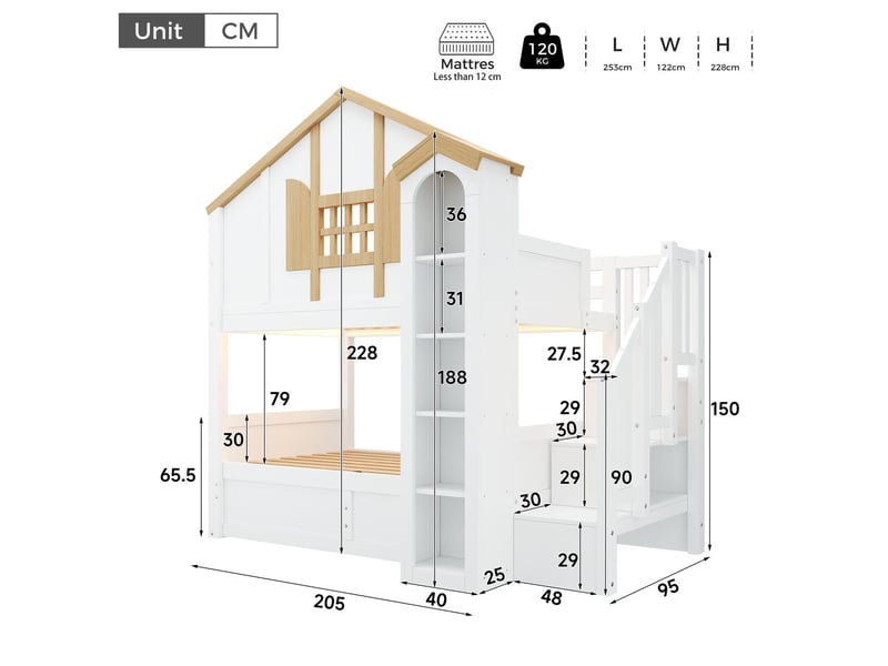  Lit superposé enfant 90 x 200 + 90 x 200 cm + lit inférieur hydraulique bois massif lit en bois lit cabane éclairage led escalier de rangement rangement en forme de château blanc et naturel  - Conforama C