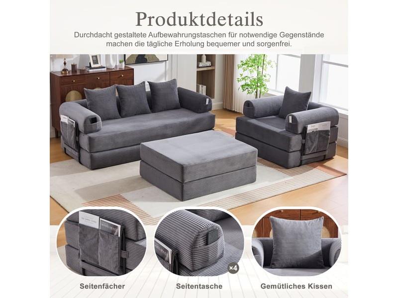 Canapé modulable, canapé 4 places — mousse haute densité, en velours tricoté, avec pouf, poches latérales - Conforama D