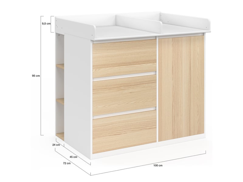  Commode à langer évolutive ambre façon hêtre et blanc 3 tiroirs, 1 panier à linge, table à langer et 2 étagères amovibles  - Conforama E