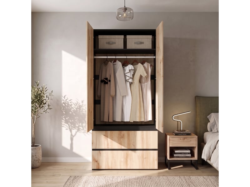  Armoire 90x50x200 cm avec 1 barre de penderie, 2 tiroirs et 2 portes, mdf et panneau de particules, bois  - Conforama D