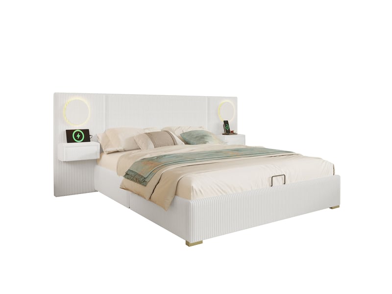  Lit coffre 180 x 200 cm en velours beige avec tête de lit led et ports usb  - Conforama A