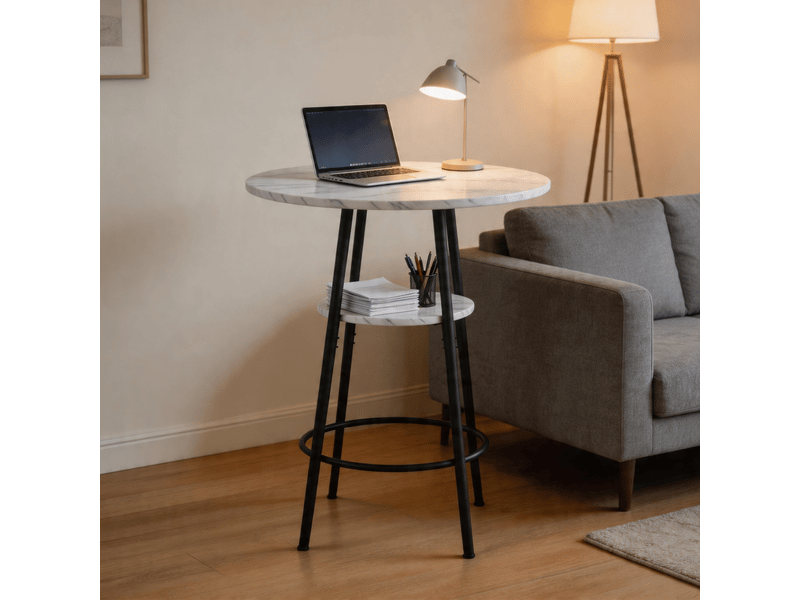  Table de bar, 60x60x89 cm, double espace de rangement et effet marbre, plateau mdf, piètement métal, coloris noir  - Conforama B