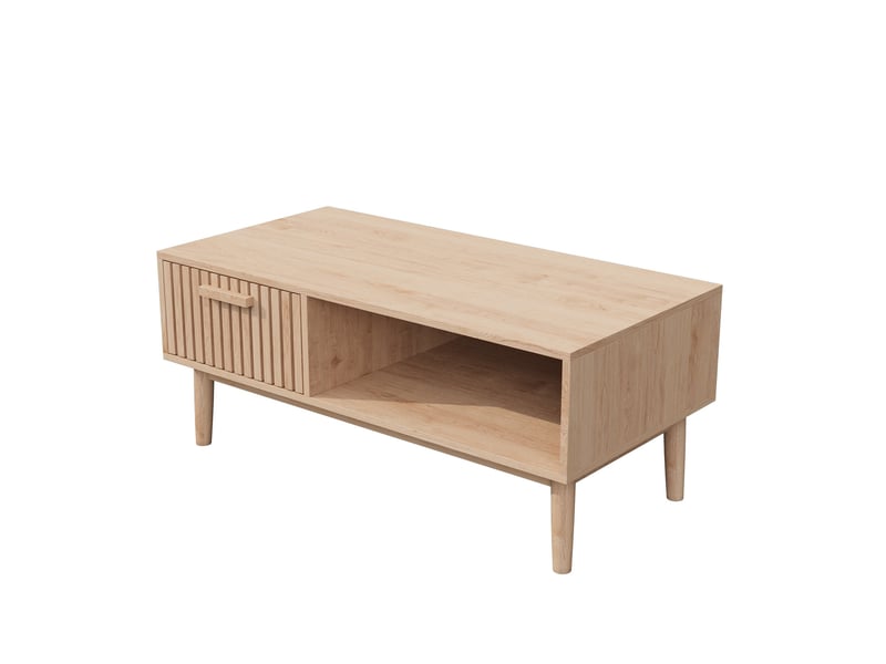  Table basse fixe 100 cm, 1 tiroir et porte coulissante à persiennes, style scandinave japandi, pieds en bois massif, bois clair  - Conforama D