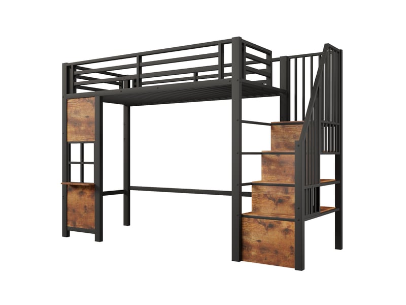 Lit mezzanine métal noir 90×200 cm avec échelle rangement et garde-corps - Conforama D