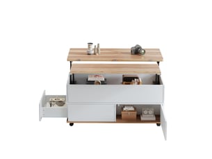 Table basse relevable 100x98x65 cm avec rangements (tiroir+placard) panneau particules, couleur bois et blanc