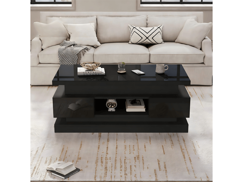  Table basse relevable avec 2 tiroirs, rangement et led pour salon 100×50×40 cm en panneaux de particules noir  - Conforama C