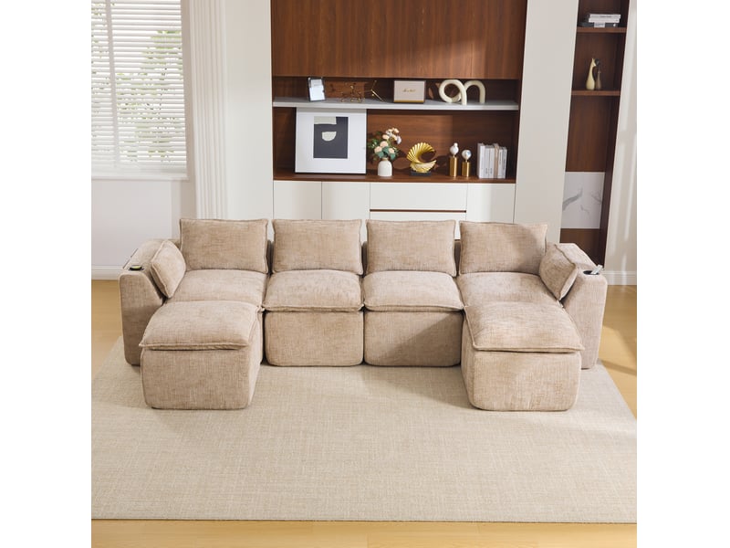 Canapé modulable modenvie 4 places avec 2 poufs, coussins, porte-gobelets et poches latérales, chenille kaki, 322 x 161 x 75 cm  - Conforama B