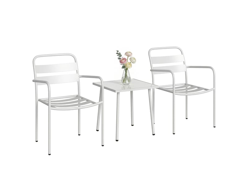 Ensemble bistro 3 pièces : table en verre et 2 chaises, mobilier d'extérieur blanc. - Conforama A