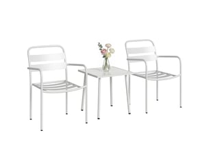Ensemble bistro 3 pièces : table en verre et 2 chaises, mobilier d'extérieur blanc.