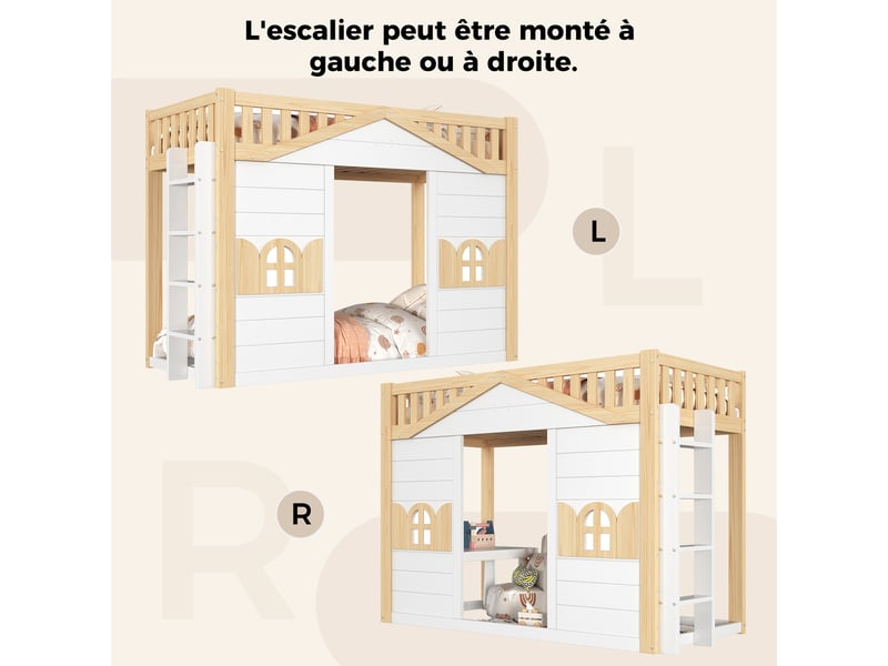 Lit superposé 90 × 200 cm blanc en pin, avec échelle réversible, aire de jeu, fenêtre, p 211 cm, charge 120 kg - Conforama E