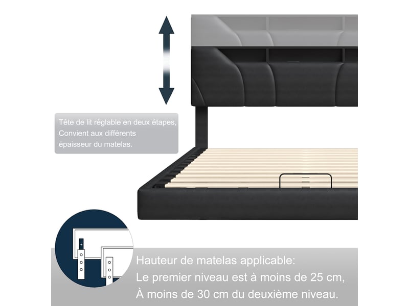  Lit coffre double 160x200cm en pu pour 2 personnes, avec led et usb, grand espace de rangement hydraulique, tête de lit réglable  - Conforama D