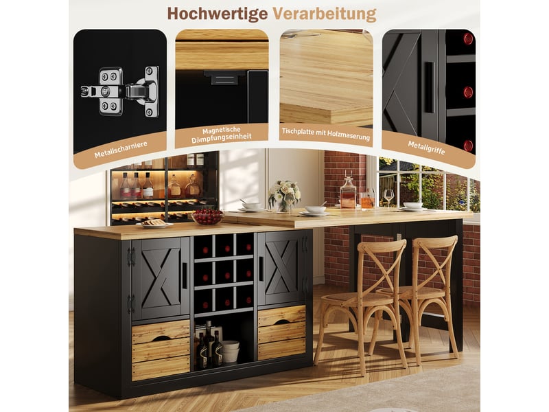 Table à manger extensible avec buffet 120-197x40x72 cm,plateau pivotant 360°,tiroir,porte-bouteilles amovible,gain de place,noir  - Conforama C