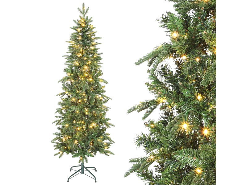  Sapin de noël artificiel 180 cm, arbre de noël slim avec 200 lumières 8 modes d'éclairage 605 branches articulées, vert  - Conforama A