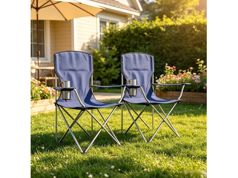  Lot de 2 chaises de camping pliantes 88x57x97 cm – bleu foncé et gris argenté – porte-gobelet intégré  - Conforama D