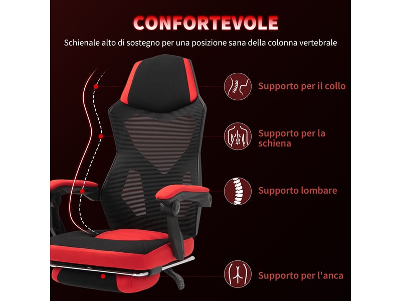  Fauteuil de bureau ergonomique inclinable avec repose-pieds, tissu mesh, 58 x 63 x 112-122 cm, noir et rouge  - Conforama E