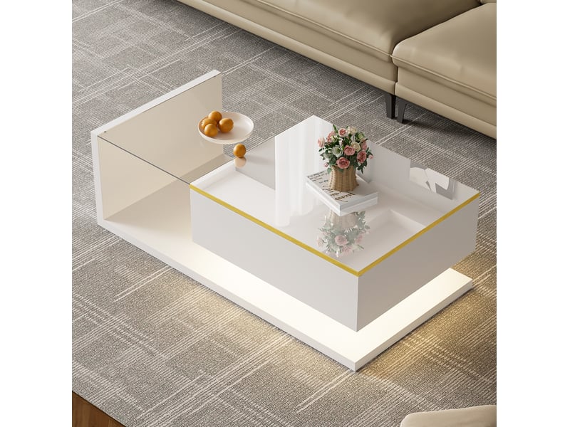  Table basse design 100x50x32,5 cm led 16 couleurs contrôlable rangement verre trempé laqué panneau de particules blanc  - Conforama B