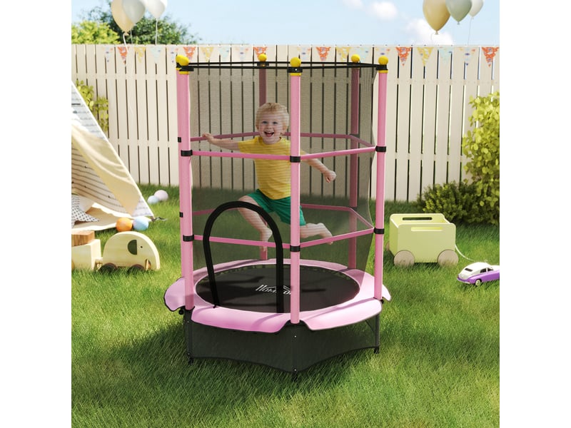  Trampoline enfant ø 1,40 × 1,90h m filet de sécurité porte zipée couvre-ressorts 6 poteaux rembourrés inclus rose  - Conforama B