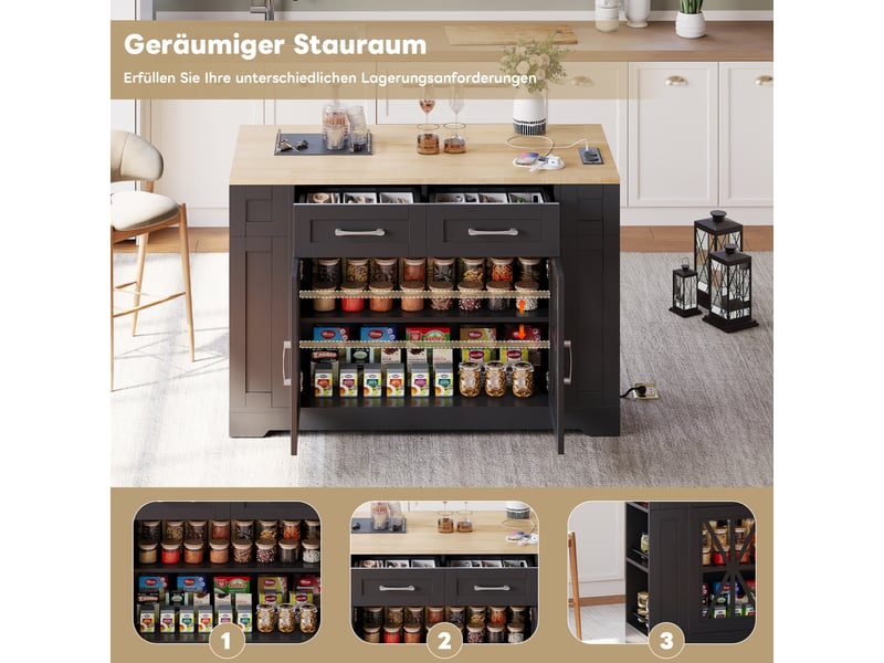 Îlot de cuisine mobile 120 × 4065 × 92 cm en mdf, table rabattable, prises ac et usb, porte vitrée et roulettes freinées  - Conforama C