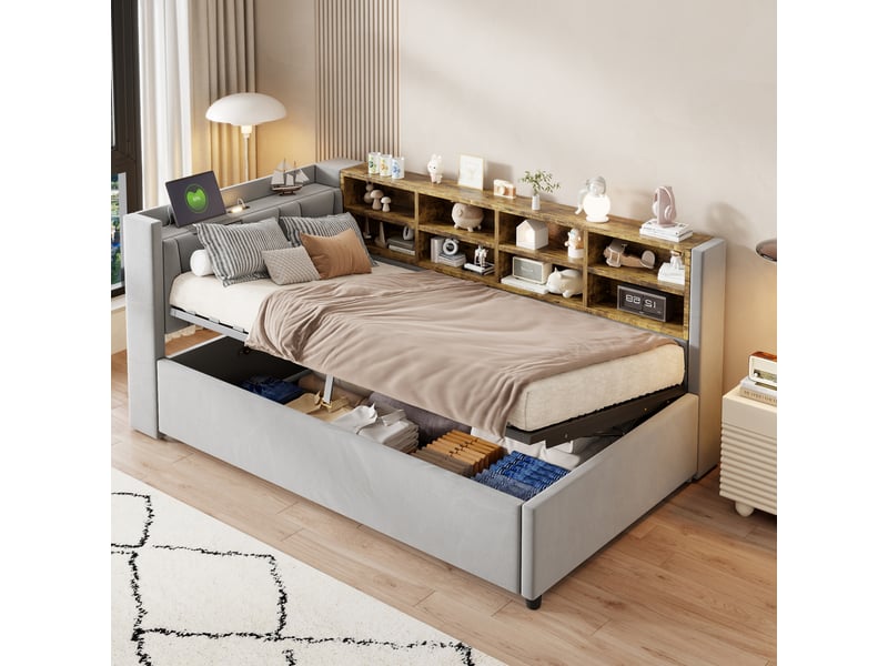  Canapé-lit 90x200 cm avec rangement – ​​avec éclairage – avec ports de charge usb et type-c – avec compartiments de rangement – ​​gris clair (matelas non inclus)  - Conforama D