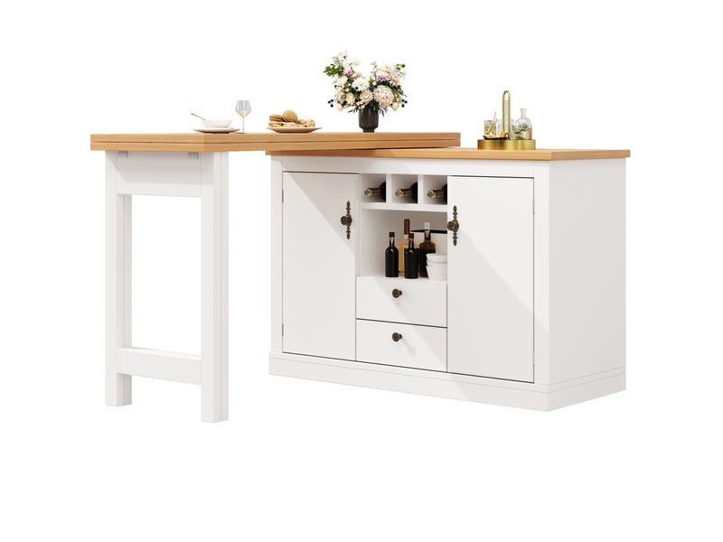  Table bar extensible 120-180 cm pivotante à 360° avec rangement, blanc naturel  - Conforama A