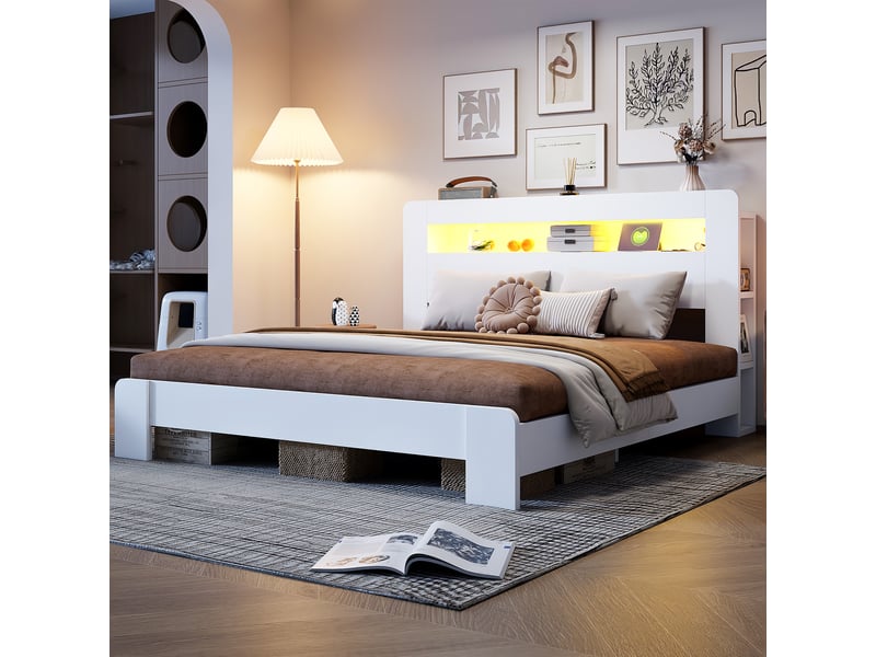 Lit plateforme 180x200 cm en bois avec tête de lit rangement, éclairage led et prises intégrées, cadre de lit moderne, blanc - Conforama B