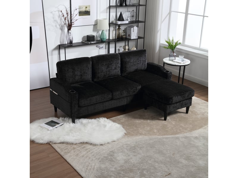  Canapé 4 places avec pouf en chenille douce 196,5 cm - rangement, porte-gobelets, poches latérales  - Conforama B
