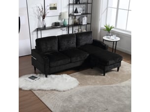 Canapé 4 places avec pouf en chenille douce 196,5 cm - rangement, porte-gobelets, poches latérales