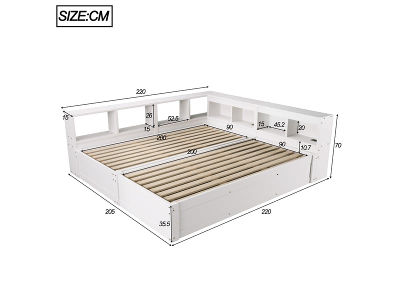  Lit banquette double 90180 x 200 cm blanc en bois avec coffre hydraulique, prise eu, led, rangements, convertible en 2 lits simples  - Conforama E