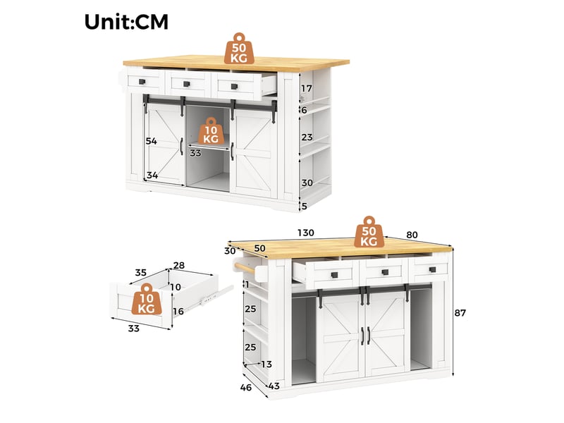 Desserte de cuisine 130x50x87 cm plan de travail rabattable mdf blanc et naturel - Conforama E