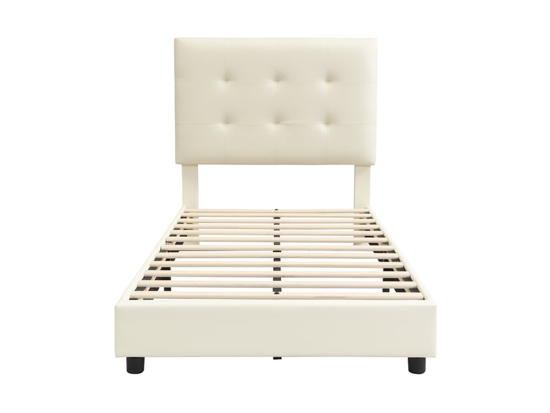  Lit enfant simple 90x200 cm tête biscuit, tête de lit et bords mousse anti-choc, pu+métal beige sans matelas  - Conforama A