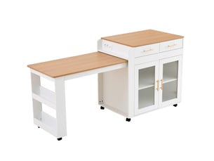 Îlot de cuisine mobile 116-177x60x89,5 cm, plateau extensible, prises usb, rangement, panneaux de particules, blanc