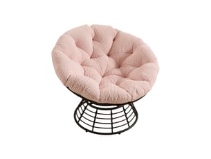 Fauteuil papasan pivotant 360° en résine tressée marron avec coussin rose épais, idéal pour lecture et détente
