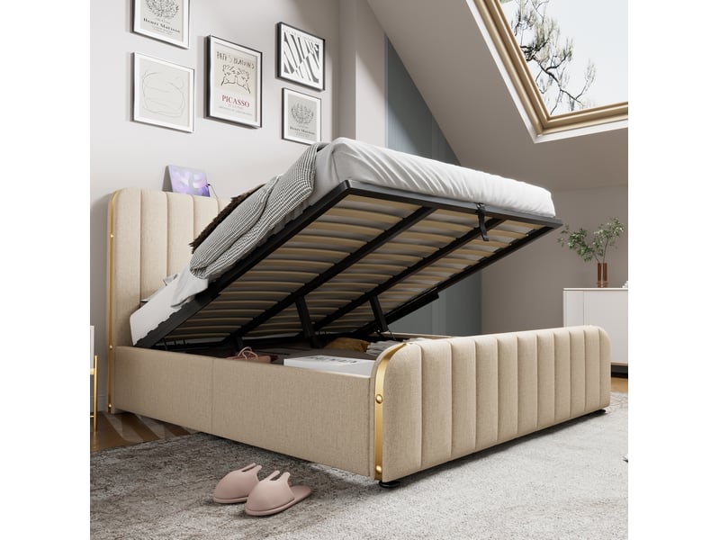  Lit double coffre 180x200 cm en lin beige avec usb et port usb-c, sans matelas  - Conforama D