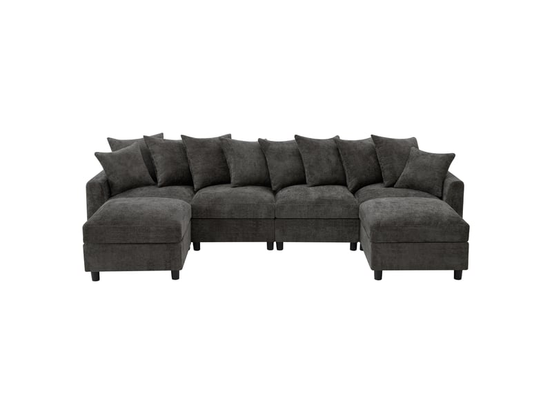  Canapé d'angle modulable 6 places gris avec 2 poufs et ports usb  - Conforama A