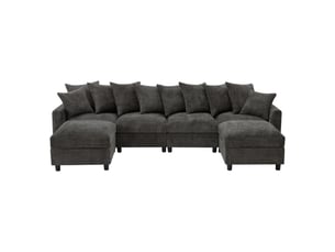 Canapé d'angle modulable 6 places gris avec 2 poufs et ports usb