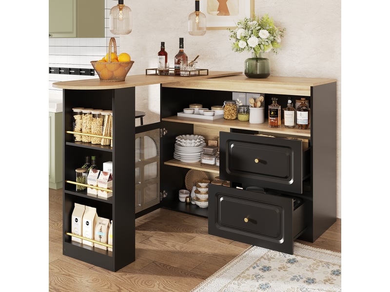 Table de bar pivotante à 360° et extensible, avec 2 tiroirs et porte vitrée, en mdf noir - Conforama B