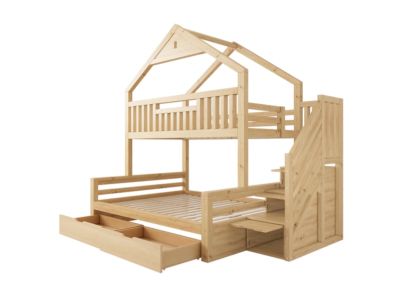  Lit superposé cabane 90x200 et 140x200 cm chêne avec escalier Fay Lum - Conforama E